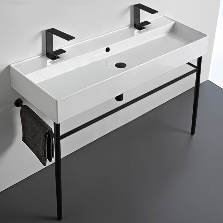 Bathroom Sink, Scarabeo 8031/R-120B-CON-BLK, Double Ceramic Console Sink and Matte Black Stand